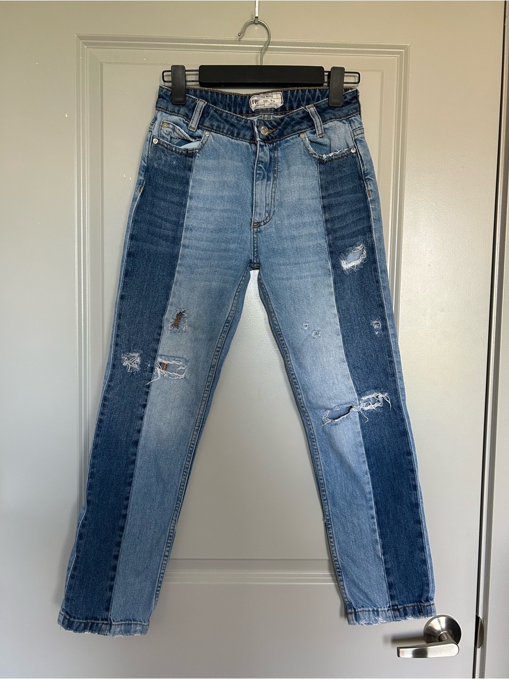 Free People Two-Tone Blue Distressed Boyfriend Jeans